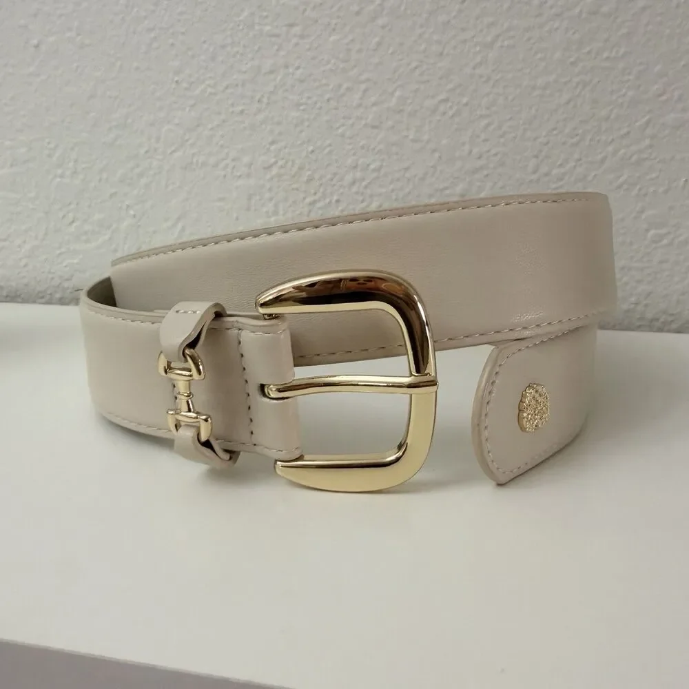 Vince Camuto Belt Women L Beige Faux Leather Gold Buckle Wide Waist Belt